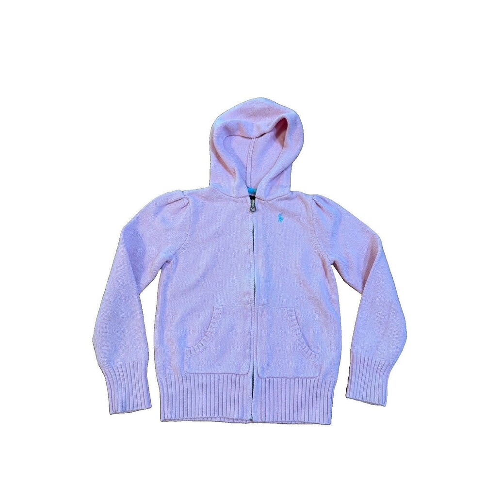 Ralph Lauren Girls Zip Up Knit Cardigan Sweater Size 6x Light Pink Hooded EUC